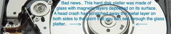 Hard disk glass platter - head crash - scratched transparent